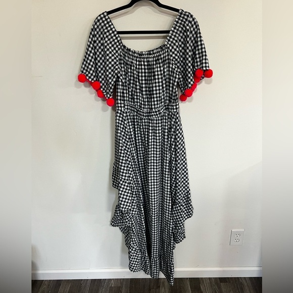 Sundress Alena Gingham Pom Pom Off Shoulder High Low Dress - Picture 11 of 14
